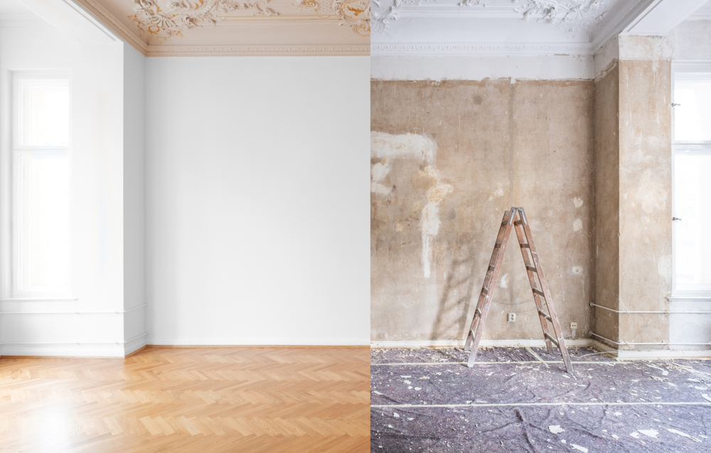 House room during renovation, before and after restoration / refurbishment