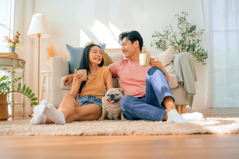 family stay at home together with dog