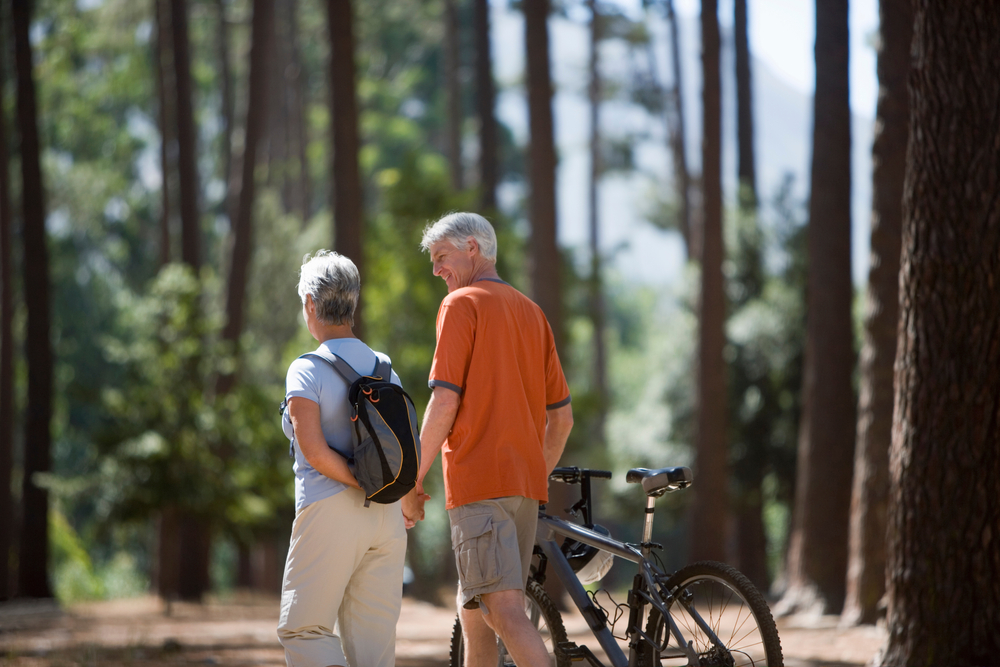 Couple walking holding hands in the woods with the man pushing a bicycle alongside